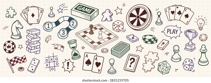 Board Games Doodle Vector Illustration Set - Hand Drawn Playing Cards, Chess Pieces, Dice, Dominoes, Puzzle, Roulette Wheel, and Gaming Elements