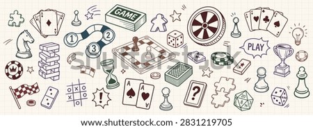 Board Games Doodle Vector Illustration Set - Hand Drawn Playing Cards, Chess Pieces, Dice, Dominoes, Puzzle, Roulette Wheel, and Gaming Elements