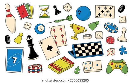 Board games doodles collection for prints, cards, posters, signs, stickers, etc. EPS 10