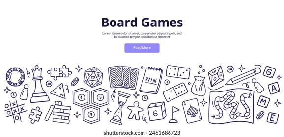 Board games doodles. Puzzle, domino, chess, cards, and others. Fun hobby and recreation. Hand-drawn vector illustrations for web banners. 