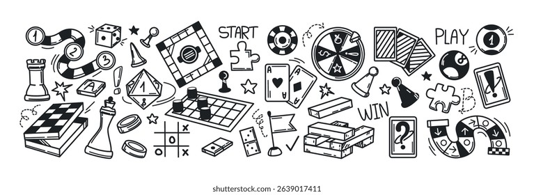 Board games doodles set. Hand drawn vector illustration sketch icons of cards, dice and pawns. Checkers, roulette, poker, domino, lotto, billiards and other gambling symbols. Family leisure concept