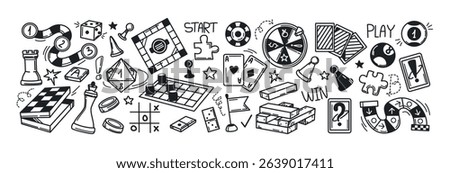 Board games doodles set. Hand drawn vector illustration sketch icons of cards, dice and pawns. Checkers, roulette, poker, domino, lotto, billiards and other gambling symbols. Family leisure concept