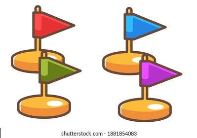 Board games elements, isolated icons of plastic flags used as pawns for rpg. Role play game entertainment and pastime for kids and adults. Competition and strategy player. Vector in flat style