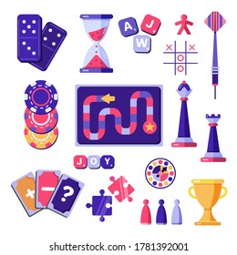 Board games and entertainment vector set. Flat illustrations of puzzle, pawn figures, chess piece, domino, darts. Play boardgames step by step.