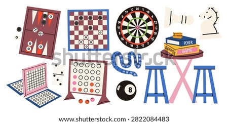 Board games equipment collection including chess, checkers, darts, backgammon, bingo and poker chips. Games for family and party leisure. Tabletop and board games stickers set