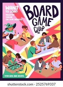 Design de cartaz de evento de jogos de tabuleiro. Publicidade de boardgames club. Atividades internas para amigos. Crianças jogam cartas, futebol de mesa, torre de construção. As pessoas se divertem juntas. Ilustração de vetor plano