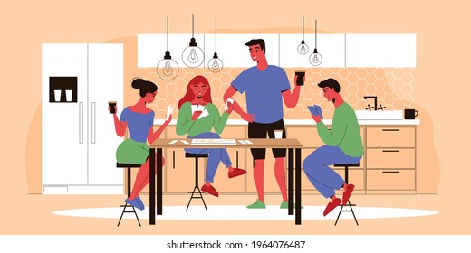 Board Games Family Composition With Characters Of Young Family Members Sitting At Kitchen Table Playing Game Vector Illustration