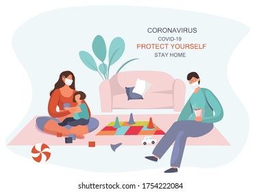 Board Games With Family during Quarantine.Happy Family Playing Board Games Together and with Child.Mother and Father are in Medical Masks.Flat Vector Illustration