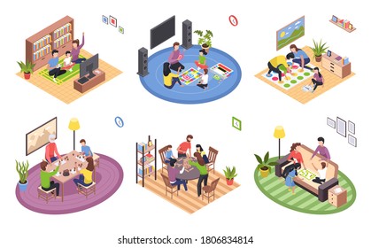 Board games family isometric set. Parents with kids sitting at table and playing tabletop games. Spend time together gaming on console. Mom and father, girl and boy at home. Vector cartoon flat
