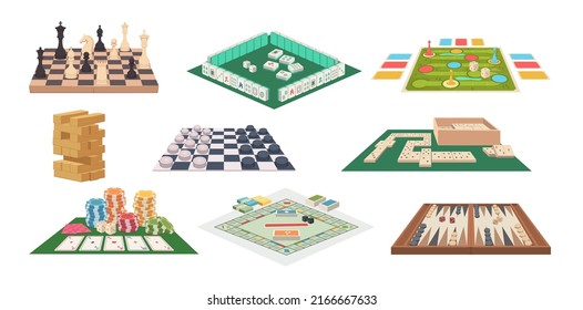 Board games. Family playful occupation domino cards mahjong chess exact vector illustrations in cartoon style