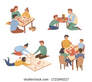 Board games family set. Parents with kids sitting at table and playing tabletop games. Spend time together. Mom,father,girl and boy at home. Vector illustration in cartoon flat