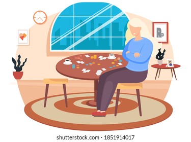 Board games flat design concept with woman sitting at a round table with cards and chips in livingroom. Family games at home in the evening, the woman is resting in the room alone near the window