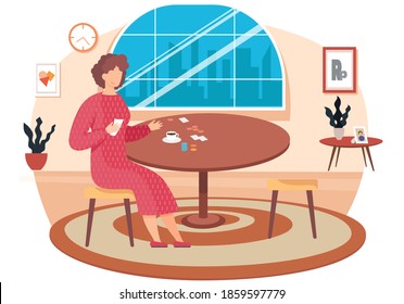 Board games flat design concept with woman holding a card in hand moving chip on playing table vector illustration. Family games at home in the evening, the woman is resting in the room alone