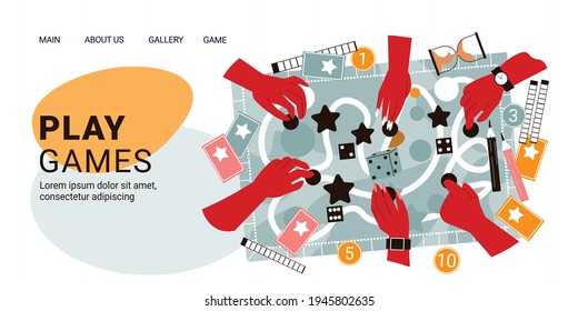 Board games horizontal banner landing page with clickable links editable text and doodle game with hands vector illustration