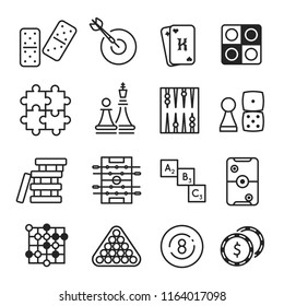 Board games icon set. Entertainment and strategy competition, checkers, chess, card or backgammon fun. Vector flat style cartoon games with friends illustration isolated on white background svg