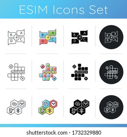 Board games icons set. Popular recreational activities. Educational strategy games and word puzzle. Linear, black and RGB color styles. Different games played on table. Isolated vector illustrations