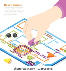 Board games isometric design concept with woman hand moving chip on playing field vector illustration