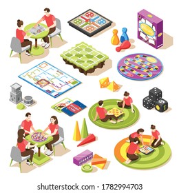 Board games isometric icons set with various tools elements pawn figures and dices isolated vector illustration