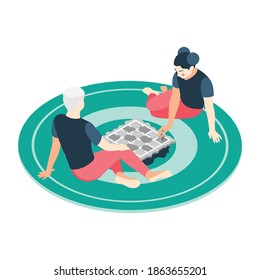 Board games isometric with playing couples families vector illustration