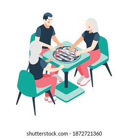 Board games isometric with playing couples families vector illustration
