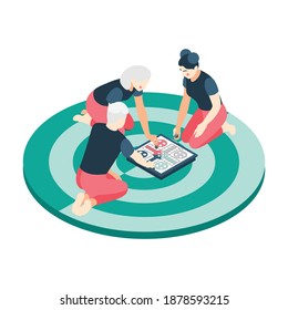 Board games isometric with playing couples families vector illustration