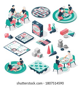 Board games isometric set with playing couples families dice pegs tokens virtual on tablet screen vector illustration 