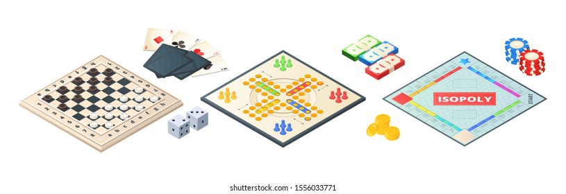 Board games isometric. Various tools for board games. Dices, pawns cards coins money. Vector board games elements - Shutterstock ID 1556033771