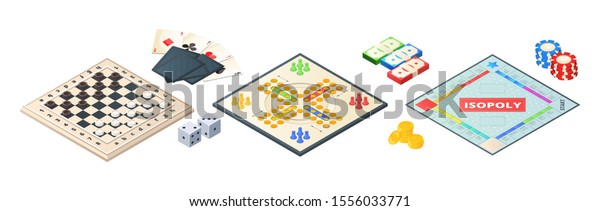 Board games\
isometric. Various tools for board games. Dices, pawns cards coins\
money. Vector board games\
elements