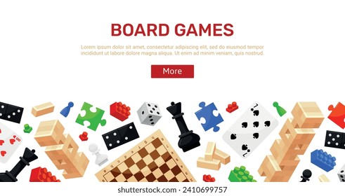 Board games landing page internet promo web banner design template isometric vector illustration. Entertainment competition chess puzzle domino cards djenga gaming hobby for children and adults