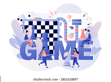 Board games. Leisure time activity, whole family or friends activity. Tiny people playing and winning chess, domino, game cards and dice. Modern flat cartoon style. Vector illustration 