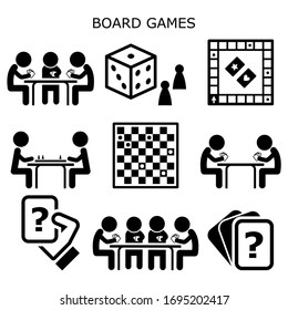 Board games, people playing cards and chess or draughts at the table vector icons set, fun activity while staying at home with friends and family. Board games, people playing cards and chess 