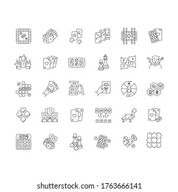 Board games pixel perfect linear icons set. Recreation activities, entertainment for family and friends customizable thin line contour symbols. Isolated vector outline illustrations. Editable stroke