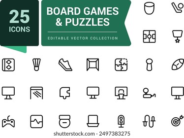 Conjunto de Juegos de Tablero y rompecabezas. Paquete de iconos de juguetes. Conjunto de iconos de línea delgada. Ilustración de trazo de Vector editable simple.