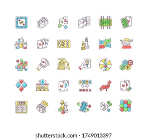 Board games RGB color icons set. Popular recreation activities, entertainment for family and friends. Different games played on table. Isolated vector illustrations