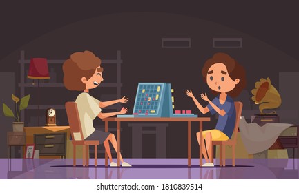 Board games sea battle composition with two young persons playing a board game at home vector illustration