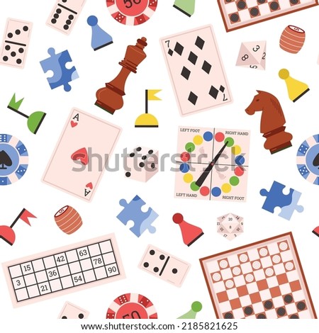 Board games seamless pattern, flat vector illustration on white background. Table games for kids and adults, great for wrapping paper. Twister, chess, cards, puzzles and dominoes.