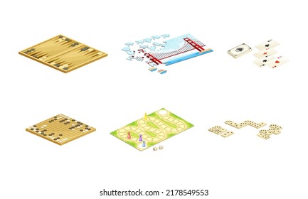Board games set. Backgammon, puzzle, go, playing cards, domino tabletop game vector illustration
