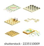 Board games set. Chess, puzzle, domino, checkers, go recreational and competitive game vector illustration