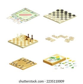 Board games set. Chess, puzzle, domino, checkers, go recreational and competitive game vector illustration