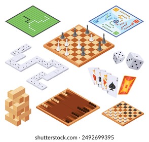 Board games set, flat isometric view. Isolated colored icon backgammon, chess, checkers and domino. Playing cards and dice table gaming. Cartoon family table games for adults and kids