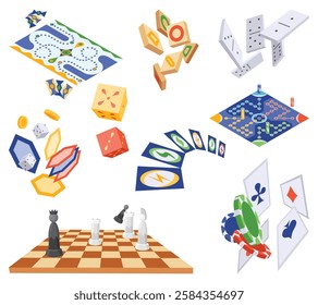 Board games set, flat isometric view. Isolated colored icon backgammon, chess, checkers and domino. Playing cards and dice table gaming. Cartoon family table games for adults and kids