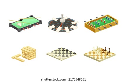 Board games set. Football, billiard, soccer, roulette, jenga, chess tabletop game vector illustration