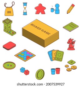 Board games set of icons. Dice and play pieces, markers and cards. Vector clip art illustration.