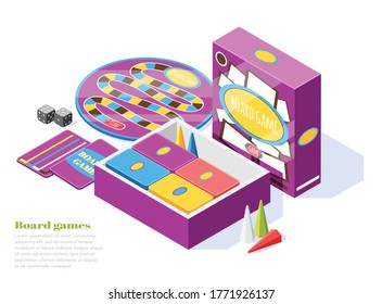 Board games set isometric composition with game elements tools and accessories vector illustration