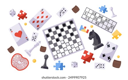 Board games set. Playing cards, chessboard with pieces, puzzles and dice. Gambling, games for fortune and luck. Hobby and leisure. Flat vector collection isolated on white background