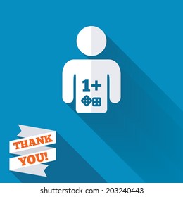 Board games sign icon. One plus players symbol. Dice sign. White flat icon with long shadow. Paper ribbon label with Thank you text. Vector