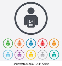 Board games sign icon. One plus players symbol. Dice sign. Round circle buttons with frame. Vector