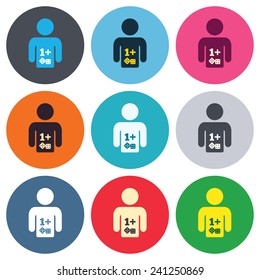 Board games sign icon. One plus players symbol. Dice sign. Colored round buttons. Flat design circle icons set. Vector