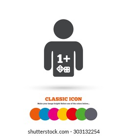 Board games sign icon. One plus players symbol. Dice sign. Classic flat icon. Colored circles. Vector