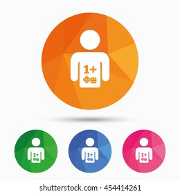 Board games sign icon. One plus players symbol. Dice sign. Triangular low poly button with flat icon. Vector
